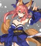  1girl \m/ animal_ears bare_shoulders bow breasts caster_(fate/extra) cleavage collarbone detached_sleeves fate/extra fate/stay_night fate_(series) fox_ears fox_tail hair_bow hair_ribbon japanese_clothes large_breasts long_hair pink_hair ribbon solo tail twintails tyokoa4649 yellow_eyes 