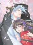  1boy 1girl adult blurry brown_eyes brown_hair cherry_blossoms cloth colored_eyelashes depth_of_field fingernails floating_hair floral_print hair_ornament hairband highres holding inuyasha japanese_clothes kimono long_fingernails looking_afar parted_lips petals purple_ribbon ribbon rin_(inuyasha) rope sesshoumaru signature tokiko_(psychopomp) unmoving_pattern wind 