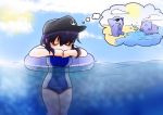  1girl akatsuki_(kantai_collection) beach blush closed_eyes clouds competition_school_swimsuit competition_swimsuit didu dreaming elephant fij hat kantai_collection one-piece_swimsuit purple_hair sun sunglasses swimming swimsuit tube 