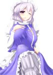  1girl blue_clothes blue_eyes breasts crossed_legs hair_between_eyes hair_in_mouth hand_on_own_chest hand_on_own_knee highres large_breasts lavender_hair letty_whiterock long_sleeves looking_at_viewer one_eye_closed pants parted_lips puffy_long_sleeves puffy_sleeves shiro_oolong-cha shirt short_hair sitting touhou white_pants white_shirt yuki_onna 