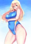  atago_(kantai_collection) bifidus blonde_hair blue_eyes blue_sky breast_hold competition_swimsuit hair_blowing hand_on_own_chest kantai_collection long_hair looking_at_viewer one-piece_swimsuit shiny shiny_skin sky smile swimsuit tight 