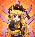  1girl black_dress blonde_hair blush_stickers chinese_clothes dress hair_ornament junko_(touhou) long_sleeves looking_at_viewer open_mouth pointing pointing_at_viewer pote_(ptkan) red_eyes sash smile solo tabard touhou visible_air wide_sleeves 