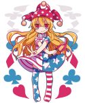  1girl :&gt; american_flag_legwear american_flag_shirt blonde_hair blush clownpiece clubs collar diamond_(shape) fire frilled_collar frills hat heart jester_cap long_hair looking_at_viewer minamiya_mia polka_dot red_eyes simple_background solo spade standing thigh-highs torch touhou v very_long_hair white_background 