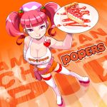  1girl :p bag bandages belt blush boots brand_name_imitation breasts cherry_pie cleavage clothes_writing employee_uniform food fruit hair_ornament hand_on_hip handbag heart highres hooters large_breasts looking_at_viewer milk_(pop&#039;n_music) osamu_yagi pie pink_hair plate pop&#039;n_music red_eyes short_hair short_shorts shorts smile solo strawberry tank_top thigh-highs thigh_boots tongue tongue_out twintails uniform 