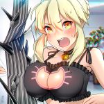  1girl alcoholrang bell black_bra blonde_hair blush bra breasts cat_keyhole_bra cleavage dakimakura_(object) fate/grand_order fate_(series) lancer_artoria looking_at_viewer open_mouth pillow solo sweatdrop underwear yellow_eyes 