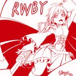  1girl artist_name cape copyright_name corset cross dress flower frilled_dress frills h-new lineart long_sleeves monochrome open_mouth red red_cape rose ruby_rose rwby scythe short_hair signature solo 