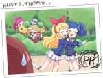  aikatsu! artist_request blonde_hair blue_hair blush bow camera closed_eyes hair_bow hair_ribbon hairband hoshimiya_ichigo idol kiriya_aoi long_hair multiple_girls open_mouth otoshiro_seira photo_(object) ponytail redhead ribbon saegusa_kii side_ponytail skirt smile sweat sweatdrop tagme twintails yuri 