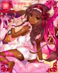  apron artist_request barefoot bell braid brown_eyes brown_hair character_request dark_skin fork front-tie_bikini front-tie_top game_cg hairband hat holding horns long_hair official_art open_mouth pillow pink_skin pointy_ears polka_dot polka_dot_swimsuit ribbon sengoku_bushouki_muramasa swimsuit tail tattoo white_swimsuit 