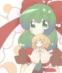  2girls :&lt; blonde_hair blush frown green_eyes green_hair hair_ribbon hiyori_(higanahannnti) kagiyama_hina long_hair minigirl mizuhashi_parsee multiple_girls ribbon smile touhou wrist_ribbon 