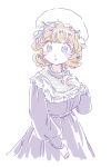  1girl blonde_hair blue_eyes blush dress hand_on_own_chest hat long_sleeves looking_at_viewer maribel_hearn mitsumoto_jouji mob_cap open_mouth purple_dress short_hair solo touhou 