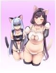  2girls animal_ears black_eyes black_hair breasts brown_eyes cat_ear_panties cat_ears cat_keyhole_bra cat_lingerie cat_tail cleavage cowboy_shot fake_animal_ears female_admiral_(kantai_collection) gloves hairband hiememiko highres kantai_collection large_breasts long_hair multiple_girls murakumo_(kantai_collection) navel one_eye_closed paw_pose shaded_face silver_hair tail thigh_gap twintails very_long_hair 