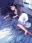  1girl barefoot bed black_hair blue_eyes curtains dress long_hair lying on_side original solo sweater tan_(tangent) window 