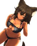  1girl animal_ears ass_visible_through_thighs bangs black_bra black_hair black_panties blush bra breasts cat_ears cat_keyhole_bra cat_lingerie cat_tail cleavage cleavage_cutout collarbone dark_skin dutch_angle highres large_breasts long_hair looking_at_viewer navel original panties pekoneko side-tie_panties simple_background solo standing sweatdrop tail underwear white_background yellow_eyes 