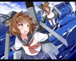  &gt;_&lt; 2girls anchor_symbol blouse brown_eyes brown_hair cannon closed_eyes folded_ponytail hair_ornament hairclip ikazuchi_(kantai_collection) inazuma_(kantai_collection) kantai_collection machinery mtu_(orewamuzituda) multiple_girls neckerchief ocean open_mouth pleated_skirt scared school_uniform serafuku shield short_hair skirt smokestack torpedo turret water 