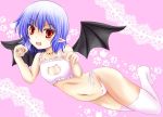  1girl :d alternate_costume bat_wings bell bell_choker blue_hair cat_cutout cat_ear_panties cat_keyhole_bra cat_lingerie choker cleavage_cutout eyebrows eyebrows_visible_through_hair flying frills jingle_bell kitora_(kisekinonameko) looking_at_viewer navel no_shoes open_mouth panties paw_pose paw_print pink_background pointy_ears red_eyes remilia_scarlet short_hair side-tie_panties smile solo stomach thigh-highs touhou underwear underwear_only white_legwear white_panties wings 