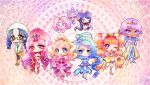  aroma_(go!_princess_precure) blonde_hair chibi cure_flora cure_mermaid cure_scarlet cure_twinkle dress earrings gloves go!_princess_precure jewelry long_hair magical_girl miss_siamour multicolored_hair nanase_yui pink_hair precure prince_kanata puff_(go!_princess_precure) smile tochiringo two-tone_hair 