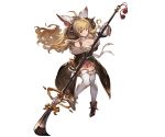  1girl anila_(granblue_fantasy) bell blonde_hair boots breast_press breasts full_body fur_trim gloves granblue_fantasy horns large_breasts long_coat long_hair minaba_hideo miniskirt naginata official_art polearm sheep sheep_horns skirt smile solo spear thigh-highs transparent_background weapon 