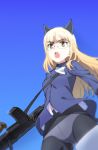  1girl animal_ears blonde_hair cat_ears cat_tail glasses gun highres long_hair military military_uniform monsterx no_pants open_mouth panties panties_under_pantyhose pantyhose perrine_h_clostermann solo strike_witches tail underwear uniform weapon weapon_request white_panties yellow_eyes 