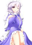  1girl blue_clothes blue_eyes breasts crossed_legs hair_between_eyes hair_in_mouth hand_on_own_chest hand_on_own_knee highres large_breasts lavender_hair letty_whiterock long_sleeves looking_at_viewer one_eye_closed parted_lips puffy_long_sleeves puffy_sleeves shiro_oolong-cha shirt short_hair sitting solo thighs touhou white_shirt yuki_onna 