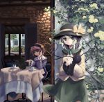  2girls bangs black_hat blouse blue_blouse bow brooch building cat chair cup elbow_rest eyeball flower frilled_shirt_collar frilled_sleeves frills green_eyes green_hair green_skirt hairband hand_on_own_cheek hands_together hat hat_bow heart jewelry kaenbyou_rin kaenbyou_rin_(cat) komeiji_koishi komeiji_satori light_frown long_sleeves looking_away looking_to_the_side multiple_girls multiple_tails open_door outdoors pink_hair plant rose rose_bush saucer short_hair sitting skirt smile stone_wall sun_hat table tablecloth tail tbonjobi_(sukemasa) teacup third_eye touhou two_tails violet_eyes wall yellow_blouse yellow_rose 