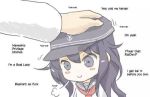  1girl admiral_(kantai_collection) akatsuki_(kantai_collection) blush english fake_translation hat kantai_collection kotanuki_(kotanukiya) patting_head purple_hair 