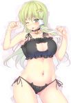  1girl bell bell_choker black_bra black_panties blush bra cat_cutout cat_ear_panties cat_lingerie ceavage choker cleavage_cutout collarbone frog_hair_ornament green_eyes green_hair hair_ornament highres ichio kochiya_sanae long_hair navel one_eye_closed panties side-tie_panties smile snake_hair_ornament solo tongue tongue_out touhou underwear underwear_only very_long_hair 