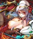  1girl bare_shoulders black_gloves black_legwear blush breasts choker cleavage clock commentary_request elbow_gloves from_above glasses gloves hair_ornament hat lace_gloves large_breasts long_hair looking_at_viewer open_mouth pantyhose puzzle_&amp;_dragons red_eyes silver_hair smile solo suoni_(deeperocean) urd_(p&amp;d) 