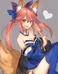  1girl animal_ears apple bare_shoulders blue_legwear blush bow breasts card caster_(fate/extra) cleavage collarbone detached_sleeves fang fate/extra fate/stay_night fate_(series) food fox_ears fox_tail fruit hair_bow hair_ribbon holding holding_card japanese_clothes large_breasts long_hair looking_at_viewer open_mouth panties pantyshot pink_hair ribbon solo tail thigh-highs twintails tyokoa4649 underwear white_panties yellow_eyes 
