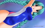  1girl aqua_hair braid calendar canal_vorfeed competition_swimsuit dutch_angle highres long_hair lost_universe one-piece_swimsuit sugimura_tomokazu swimsuit twin_braids twintails violet_eyes 