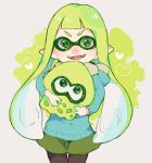  1girl fangs green_eyes green_hair heart holding inkling solo splatoon squid tentacle_hair 