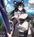  bird black_hair breasts cleavage copyright_request fingerless_gloves gloves hair_between_eyes katana large_breasts long_hair navel polearm size_difference sword thigh-highs very_long_hair weapon 
