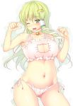  1girl bell bell_choker blush bra cat_cutout cat_ear_panties cat_lingerie ceavage choker cleavage_cutout collarbone frog_hair_ornament green_eyes green_hair hair_ornament highres ichio kochiya_sanae long_hair navel one_eye_closed open_mouth panties side-tie_panties smile snake_hair_ornament solo touhou underwear underwear_only very_long_hair white_bra white_panties 