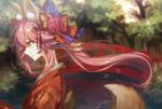  1girl alternate_costume alternate_hairstyle animal_ears bow caster_(fate/extra) fate/extra fate/stay_night fate_(series) flower fox_ears fox_tail hair_bow hair_flower hair_ornament hair_ribbon japanese_clothes long_hair pink_hair profile ribbon solo tail tyokoa4649 yellow_eyes 