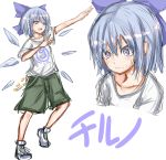  (9) 1girl alternate_costume blue_eyes blue_hair bow cirno full_body hair_bow highres ice ice_wings masuo open_mouth shirt shoes short_hair short_sleeves simple_background sketch tagme touhou upper_body white_background wings 