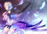  1girl armor armored_dress bare_shoulders closed_eyes crown dress feathers gin_(oyoyo) gwendolyn highres odin_sphere polearm purple_hair solo spear strapless strapless_dress tears thigh-highs weapon wings 