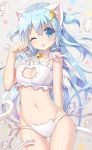  1girl ;o animal_ears ass_visible_through_thighs bell bell_choker blue_eyes blue_hair blush bra cat_cutout cat_ear_panties cat_ears cat_keyhole_bra cat_lingerie cat_tail choker cleavage_cutout hair_ornament jingle_bell long_hair looking_at_viewer mitsuki navel one_eye_closed original panties paw_pose side-tie_panties small_breasts solo tail thigh_gap underwear underwear_only white_bra white_panties 