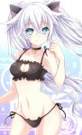  1girl animal_ears aqua_eyes bell bell_collar bikini black_heart blush breasts cat_ears choujigen_game_neptune cleavage collar long_hair looking_at_viewer midriff navel neptune_(series) noire ribbon smile solo swimsuit symbol-shaped_pupils twintails very_long_hair white_hair 