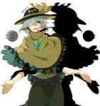  1girl adapted_costume blue_eyes character_name cowboy_shot crystal earrings frills grey_hair hair_over_one_eye hat hat_ribbon jewelry komeiji_koishi namataro open_mouth outstretched_hand ribbon shadow shawl short_hair skirt solo third_eye touhou turtleneck white_background 
