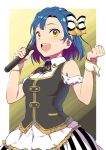  1girl blue_hair bow hair_bow idolmaster idolmaster_million_live! looking_at_viewer microphone nanao_yuriko open_mouth pettan_p smile solo yellow_eyes 
