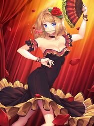  1girl bare_shoulders black_dress blonde_hair blue_eyes bracelet breasts choker cleavage dancing dress dutch_angle fan flamenco flower flower_in_mouth folding_fan hair_flower hair_ornament jewelry large_breasts loneteel mouth_hold petals rose rose_petals solo stage_curtains sword_girls 