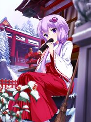  1girl :o ahoge bamboo blurry blush bug_(artist) clouds cloudy_sky depth_of_field fir_tree food hair_tubes hakama hakama_skirt highres holding_food japanese_clothes kimono leaf long_sleeves looking_at_viewer low_twintails miko open_mouth purple_hair railing red_skirt ribbon-trimmed_sleeves ribbon_trim rock rowan short_hair_with_long_locks skirt sky snow solo stairs statue sushi tree twintails violet_eyes vocaloid voiceroid yuzuki_yukari 