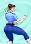  1girl alternate_costume ass breasts brown_eyes brown_hair chun-li clenched_hands double_bun eyebrows fighting_stance from_behind hair_ribbon josef_axner nose pants police police_uniform policewoman ribbon serious short_hair skin_tight solo street_fighter street_fighter_v thick_thighs thighs uniform 