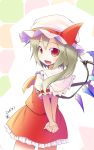  1girl aozora_market arms_behind_back ascot blonde_hair bow fang flandre_scarlet hat hat_bow highres looking_back mob_cap red_eyes solo touhou wings 