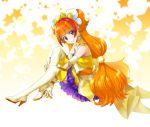  1girl amanogawa_kirara bare_shoulders boots choker cure_twinkle earrings go!_princess_precure highres jewelry long_hair magical_girl orange_hair precure redhead sitting solo star star_earrings starry_background thigh-highs thigh_boots tiara twintails violet_eyes yone 