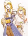  1boy 1girl agrias_oaks ahoge armor blonde_hair braid final_fantasy final_fantasy_tactics gloves hood long_hair open_mouth rabbitlovesick ramza_beoulve robe short_hair simple_background smile sword weapon white_background white_mage white_mage_(fft) 