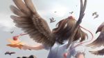  1girl bird brown_hair crow from_behind hat outstretched_arm pointy_ears puffy_sleeves shameimaru_aya shirt short_hair short_sleeves string tokin_hat touhou upper_body wings zzzzzzzzzzzzzzp 