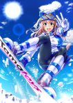  1girl blush boots breasts cat_tail ganari_ryuu gloves goggles goggles_on_head hat headset highres jacket large_breasts long_hair looking_at_viewer open_mouth pink_hair smile snow snowboard snowboarding solo super_tama_musume tail tamatoys v 