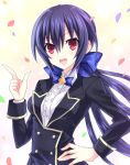  1girl alternate_costume alternate_hairstyle black_hair breasts hair_ornament hinano jacket long_hair looking_at_viewer neptune_(series) noire open_mouth ponytail red_eyes ribbon smile solo 