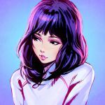  1girl black_eyes blush character_request ilya_kuvshinov lavender_background lipstick long_sleeves looking_away makeup parted_lips pink_lipstick purple_hair short_hair simple_background solo sweater teeth upper_body 