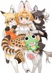  3girls animal_ears artist_request black_hair blonde_hair bow cat_ears crossover ezo_red_fox_(kemono_friends) gloves kemono_friends keroro keroro_gunsou long_hair looking_at_viewer moose_(kemono_friends) multiple_girls official_art paw_pose pleated_skirt serval_(kemono_friends) short_hair silver_hair simple_background skirt sleeveless tail thigh-highs white_background yellow_eyes 